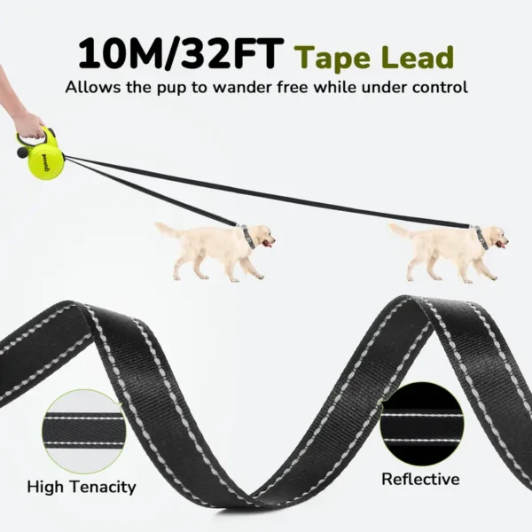 Pecute 10m/32ft Retractable Dog Lead with Poo Bag Holder, Chew Proof Dog Leash with 360° Tangle-Free Extended, Anti-Slip Handle & Quick Brake Button, Suitable for Dogs Up to 50kg/110lbs in Weight - Image 3