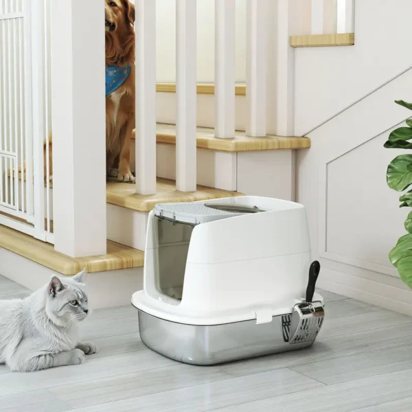 PawHut Stainless Steel Cat Litter Box, Extra Large Metal Cat Litter Tray with Lid, Scoop, Filter Bags, White - Image 2