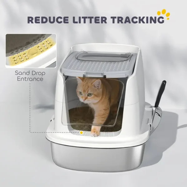 PawHut Stainless Steel Cat Litter Box, Extra Large Metal Cat Litter Tray with Lid, Scoop, Filter Bags, White - Image 4