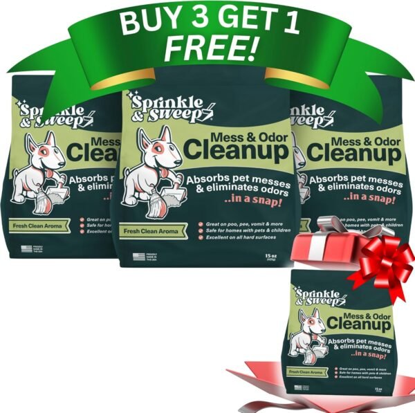 Sprinkle & Sweep Pet Accident Cleanup for all Hard Surface-4 Bag + Sweeper Kit (15oz Each)