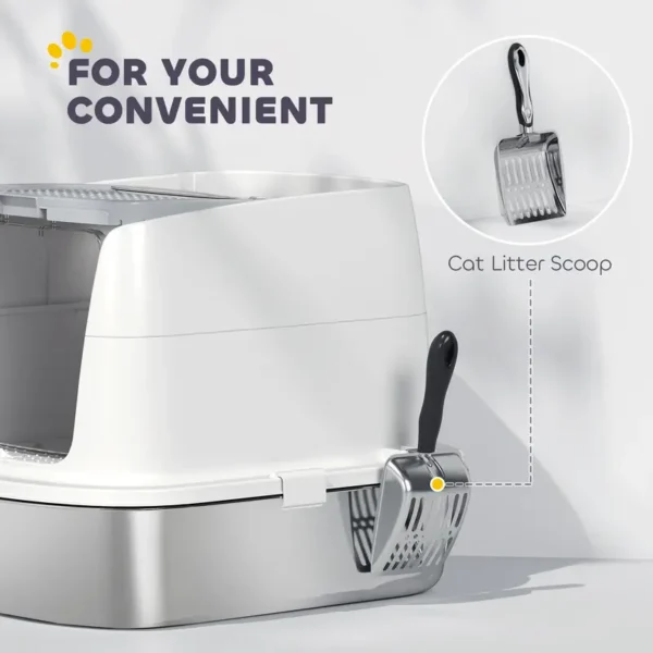 PawHut Stainless Steel Cat Litter Box, Extra Large Metal Cat Litter Tray with Lid, Scoop, Filter Bags, White - Image 6