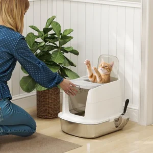 PawHut Stainless Steel Cat Litter Box, Extra Large Metal Cat Litter Tray with Lid, Scoop, Filter Bags, White