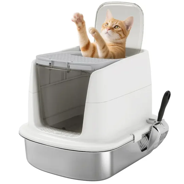 PawHut Stainless Steel Cat Litter Box, Extra Large Metal Cat Litter Tray with Lid, Scoop, Filter Bags, White - Image 9