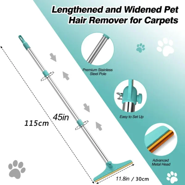 Carpet Rake for Pet Hair Removal, Reusable Cat Dog Hair Remover with 45’’ Long Handle Advanced Lint Remover - Image 2
