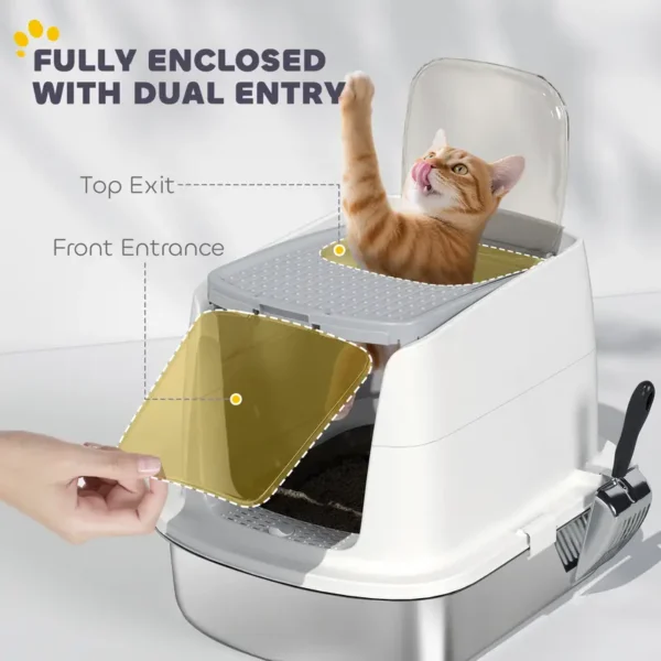 PawHut Stainless Steel Cat Litter Box, Extra Large Metal Cat Litter Tray with Lid, Scoop, Filter Bags, White - Image 3
