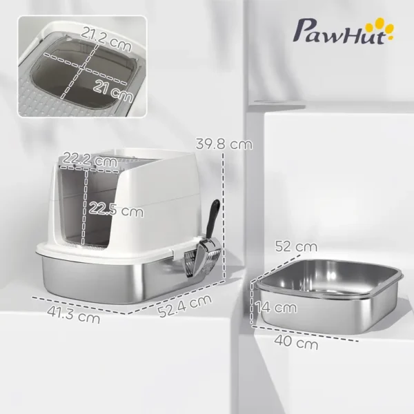 PawHut Stainless Steel Cat Litter Box, Extra Large Metal Cat Litter Tray with Lid, Scoop, Filter Bags, White - Image 7